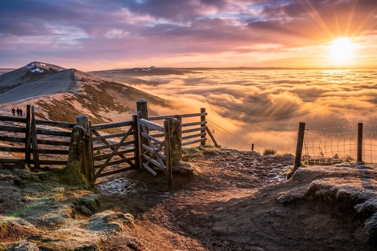 Edgeview exterior at golden hour with garden and Peak District hills behind
